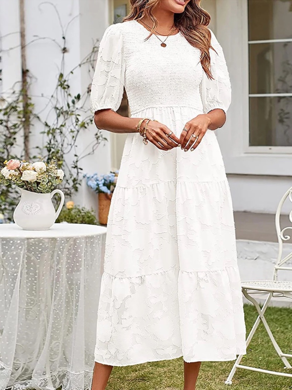 Unbranded white Midi dress smocked MEDIUM Short Puff Sleeve Floral Texture Tiers